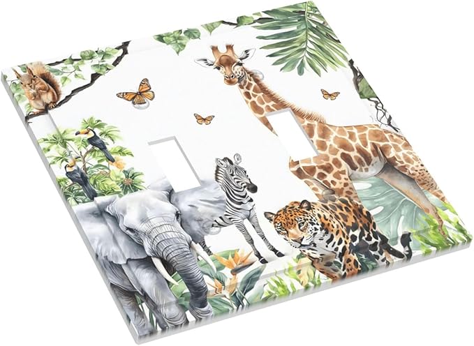 Elephant Giraffe Jungle Animals Leopard Zoo Decorative Switch Plates 2 Gang Double Toggle Outlet Light Switch Cover Wall Plate Electrical Faceplate for Kids Room Nursery Decor