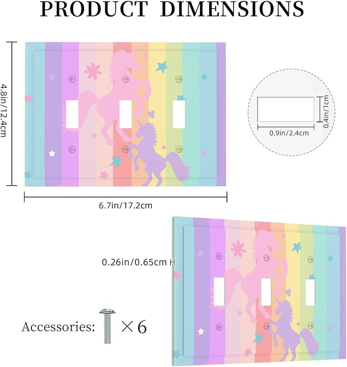Cute Purple Pink Rainbow Unicorn 3 Gang Light Switch Cover Triple Toggle Wall Plate Decorative Electrical Switchplates Faceplate for Nursery Girls Boys Room Kids Room Home Decor