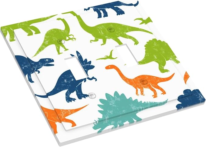 Colorful Dinosaur Double Toggle Switch Cover - 2-Gang Standard US Size Playful Dino Friends Light Switch Covers for Teen Boys Bedroom Playroom Decor