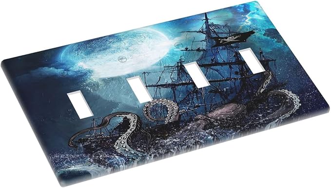 Moon Ocean Nautical Octopus 4 Gang Device Light Switch Cover Decorative Quad Toggle Wall Plate Decorative Electrical Faceplate for Home Bedroom Art Decorate