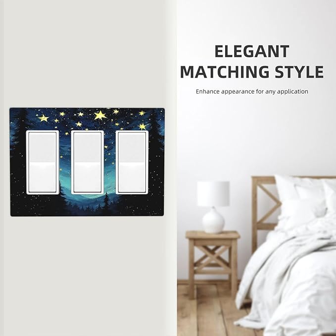 Light Switch Covers Blue Starry Sky Forest Painted Star Pine Tree Oil Painting 3 Gang Rocker Electrical GFCI Decorative Triple Outlet Wall Plate Cover Switchplate for Bedroom Cabin Decor