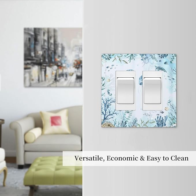 Decorative Outlet Covers Jellyfish Teal Blue Ocean Turtle Coastal Beach 2 Gang Double GFCI Rocker Electrical Wall Panels Light Switch Cover Plate for Bedroom Bathroom Decor