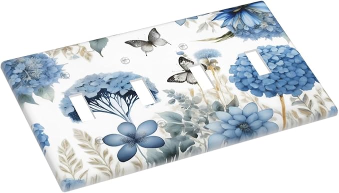 Blue Floral Hydrangea Floral Butterfly Flower Plant Light Switch Covers Quad Toggle Electrical Faceplate 4 Gang Wall Plate Decorative Switch Plates Cover for Bedroom Living Room Decor