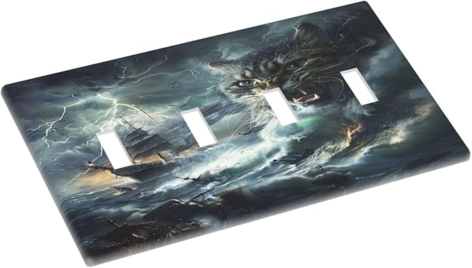 Light Switch Cover Plate funny Cat Stormy sea Lightning Sailboats 4 Gang Quad Toggle Decorative Switch Plates Electrical Wall Plates Faceplate for Bathroom Kid Room Decor