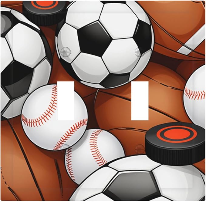 All-Star Sports Balls Collage Double Toggle Switch Cover - 2-Gang Standard US Size Football Baseball Soccer Game Day Themed Light Switch Covers for Boy's Bedroom Decor