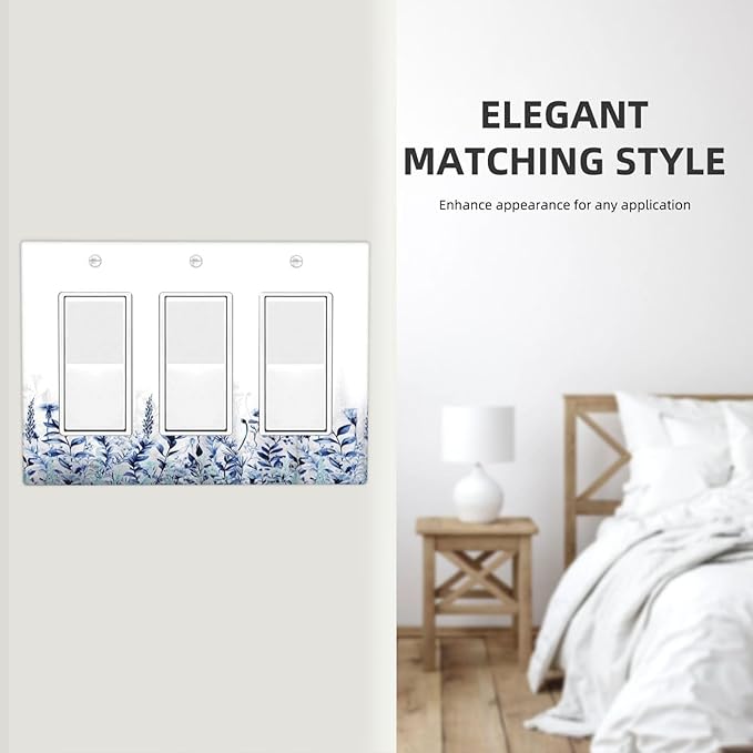 Decorative Outlet Covers Rustic Blue Plants Wildflowers Boho Leaves 3 Gang Wall Plate Cover Triple Rocker Decora Light Switch Covers Plate Jumbo Electrical GFCI Switch Plate Cover