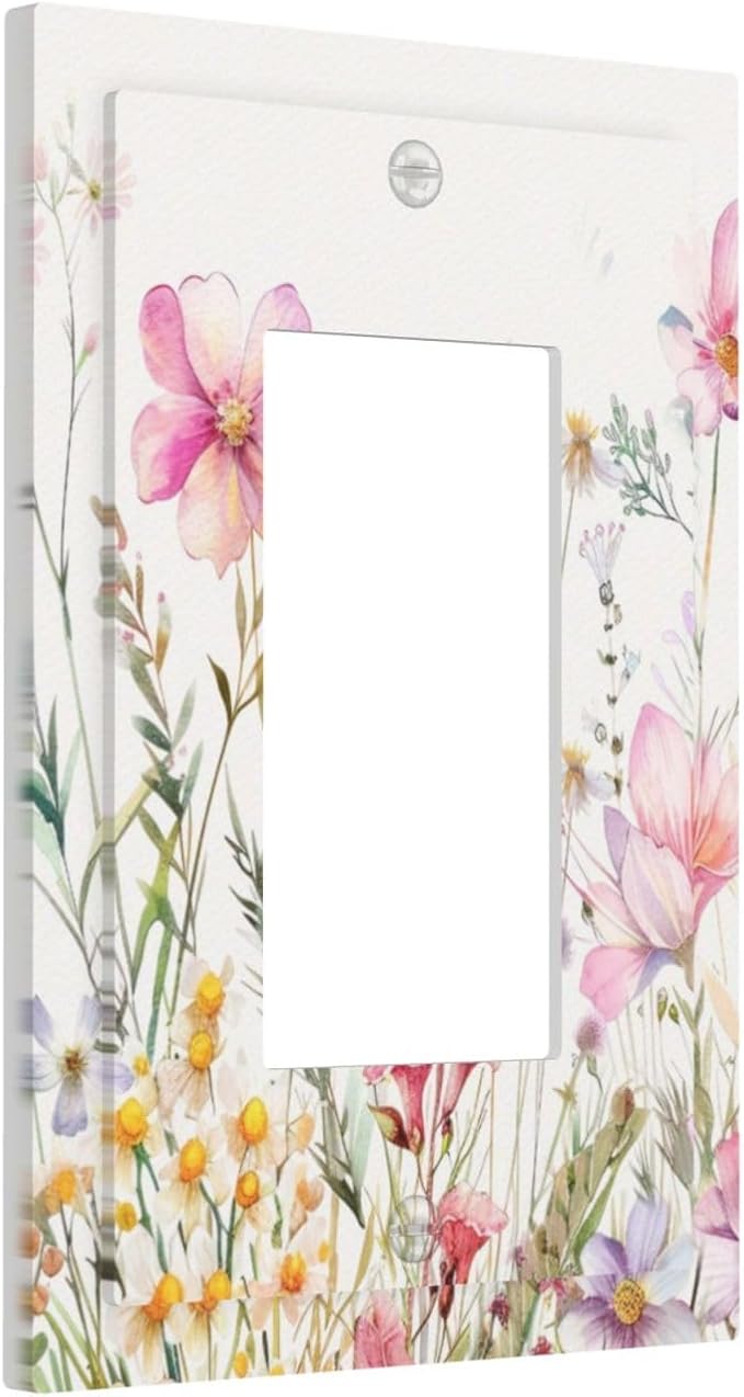 Pink Floral Wild Flowers Watercolor Plants Decorative Outlet Covers 1 Gang Single Rocker Light Switch Cover Plate Wall Plates GFCI Faceplate for Bedroom Living Room Decor