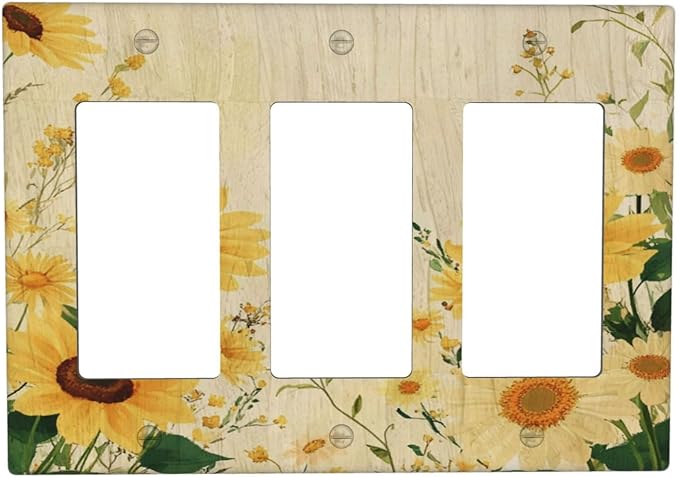 Decorative Light Switch Plate with Vintage Botanical Sunflower Field Design 3 Gang Outlet Covers Triple Rocker Wall Plate Switch Plate Cover for Nature Yellow Blooms Wall Decor