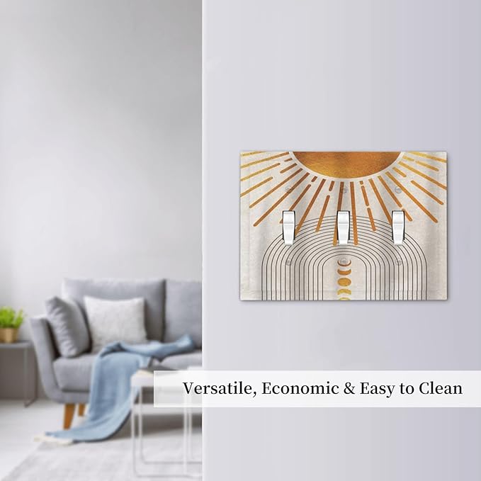 Mid Century Gold Sun Abstract Arch Boho Moon 3 Gang Light Switch Covers Decorative Unique Triple Toggle Wall Plate Electrical Faceplate Switchplate for Kitchen Bathroom Bedroom Home Decor