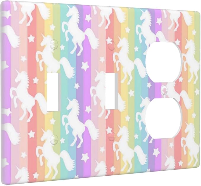 Rainbow Colorful Unicorn 3 Gang 2 Toggle 1 Duplex Combination Decorator Light Switch Outlet Cover Wall Plate, Cute Girls Kids Dream Fantasy Animals Triple Device Combo Receptacle Switch Face Plate