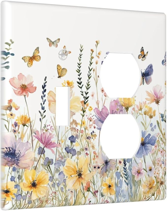 Wildflowers Colorful Flower Butterfly Floral Wallplates 1 Toggle 1 Duplex Switch Plate Electrical GFCI Faceplate Decorative Light Switch Covers for Farmhouse Bedroom Decor