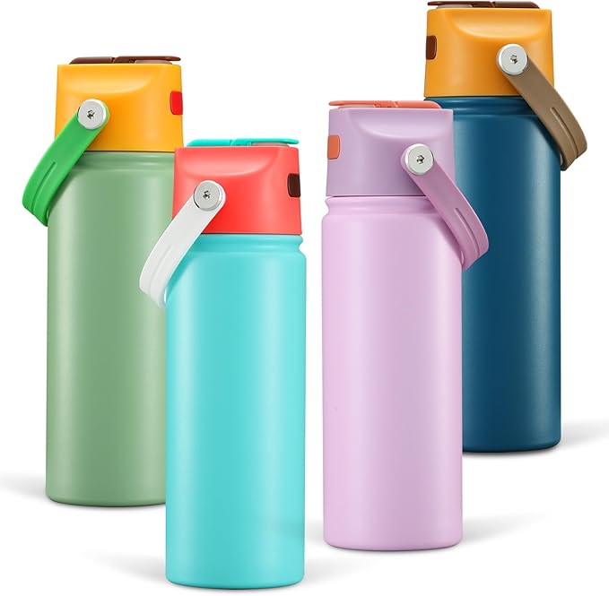 4 PACK 18 OZ Water Bottle for Kids, Stainless Steel Double Insulated Sports Water Bottle, Leak Proof Straw Cup for School, Gifts, Travel, BPA Free (Mixed Color)