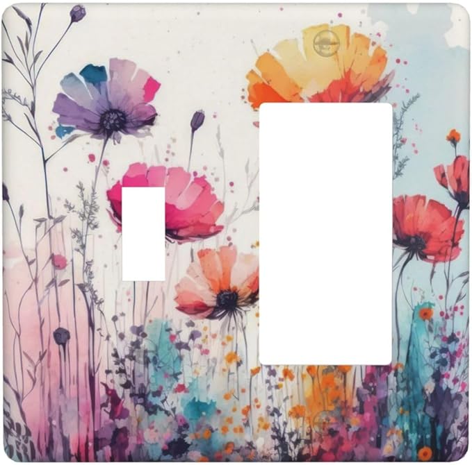 Decorative Outlet Cover Colorful Watercolor Wildflowers Elegant Painting Floral 2 Gang Wall Plate Single Toggle 1 Rocker Light Switch Cover Switch Plate Covers Faceplate for Bedroom Decor