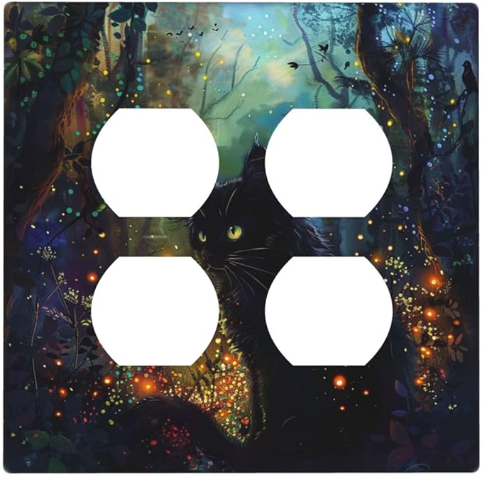 Decorative Outlet Covers Magic Fantasy Forest Mysterious Black Cat 2 Gang Decorative Switch Plate Double Duplex Wall Plates Switch Plates and Outlet Covers for Kid Room Bathroom Decor