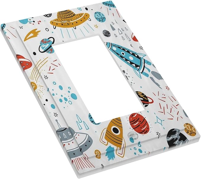 Cartoon Space Rocket Boys Universe Planet 1 Gang Rocker Light Switch Covers Decorative Unique Single Decora Outlet Wall Plate Faceplate Switchplate GFCI for Nursery Kidroom Bedroom Decor