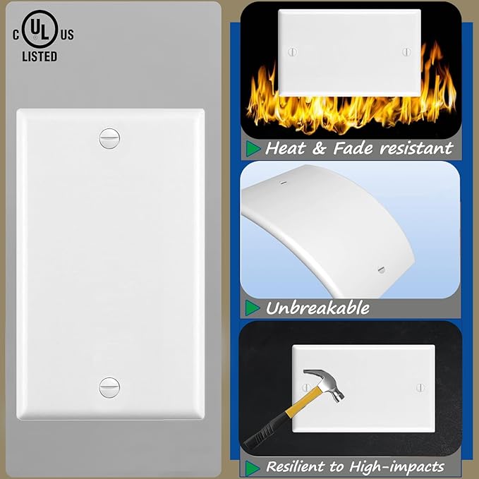 12-Pack,No Device Blank Wall plate,Standard Size 1-Gang 4.50" x 2.76",Unbreakable Polycarbonate Thermoplastic,Blank Box Mounted Plastic Wall plate,UL Listed,Glossy White