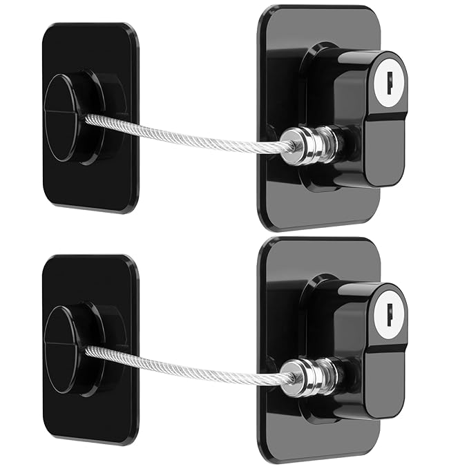 Fridge Lock, 2PCS Upgraded Refrigerator Lock for Freezer, Cabinets and Drawers, Air Fryer, Closets, Windows, Doors, Durable ABS with Adhesive Backing, Easy Install, No Tools Needed, Black