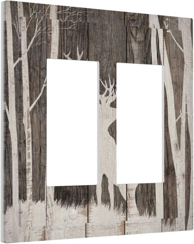 Vintage Wood Forest Deer Wildlife Animal Silhouette Decorative Outlet Covers 2 Gang Double GFCI Rocker Electrical Wall Panels Light Switch Cover Plate for Farmhouse Home Decor