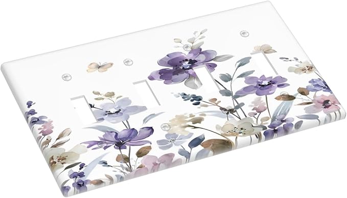 Purple Watercolor Flower Floral Butterfly Light Switch Covers Quad Toggle Electrical Faceplate 4 Gang Wall Plate Decorative Switch Plates Cover for Bedroom Living Room Decor