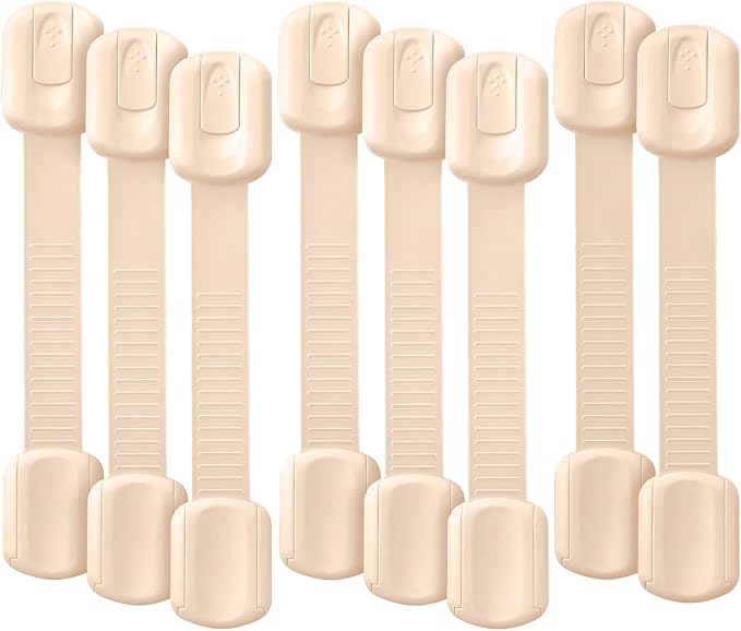 Bate- Child Safety Strap Locks, 8 Pack, Beige, Baby Locks for Cabinets, Drawers, Kitchen, Toilet, Furniture, Fridge, Multi-Purpose, Easy Install with Quick 3M Adhesive for Childproofing