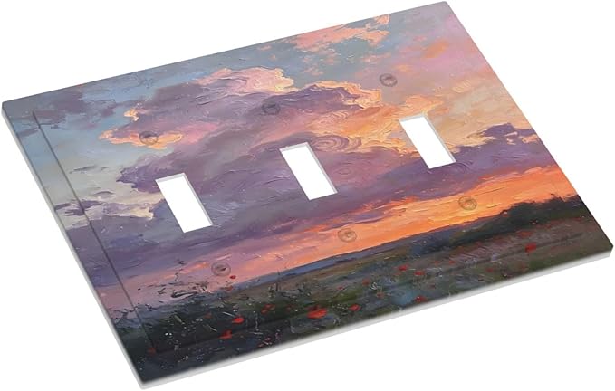 Abstract Sunset Dusk Natural Scenery Wild Flowers Decorative Switch Plates 3 Gang Wall Plate Triple Toggle Light Switch Cover Faceplate Electrical Wall Panels for Farmhouse Bedroom Decor