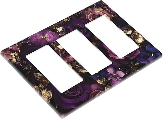 Decorative Light Switch Plate with Luxurious Purple Roses Gold Accents Leaves Design 3 Gang Outlet Covers Triple Rocker Wall Plate Switch Plate Cover for Romantic Bedroom/Living Room Decor