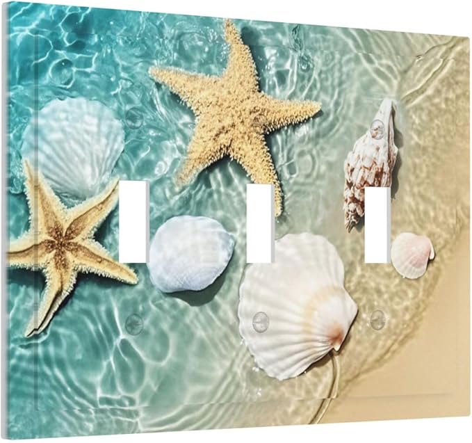 Decorative Switch Plates Beach Starfish Ocean Conch Cameo Shell 3 Gang Wall Plate Triple Toggle Light Switch Cover Faceplate Electrical Wall Panels For Decor Kids Room Decor