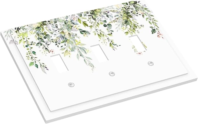 Decorative Switch Plates Green Eucalyptus Leaves Floral Wildflower 3 Gang Wall Plate Triple Toggle Light Switch Cover Faceplate Electrical Wall Panels For Bed Room Living Room Decor