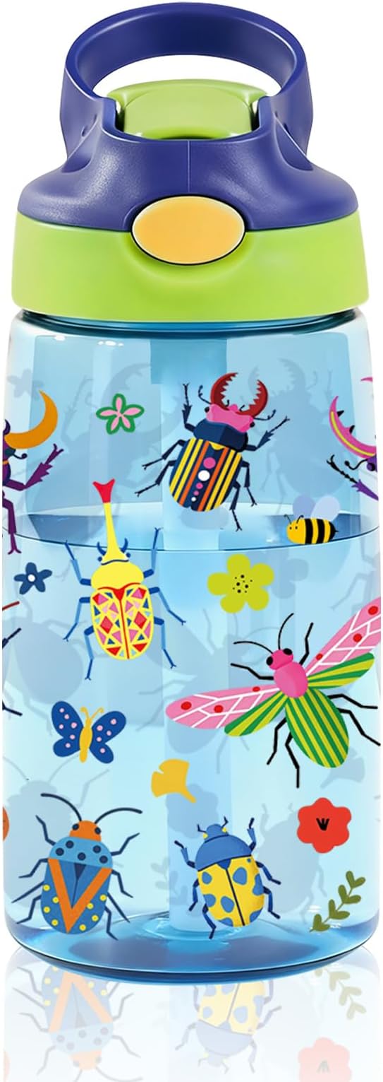 14oz Kids Water Bottle with Straw - Ladybug Water Bottle For School Leakproof Lightweight Durable Plastic Bottles with Straw for Kids Travel, Gift Cup for Children, Pop-Up Spout Cover(Insect)