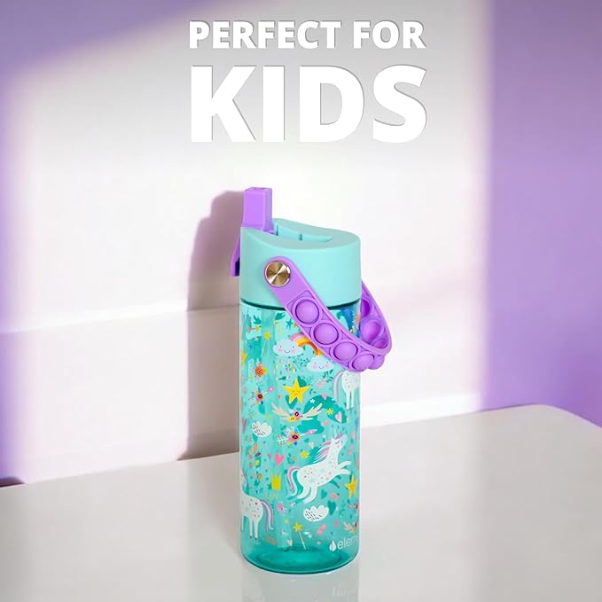 Elemental Leak Proof Water Bottles for Kids - Splash Kids Water Bottle for School with Pop-it Handle - Tritan Plastic Water Bottle with Straw - Unicorn & Rose - 18oz (2 Pack)