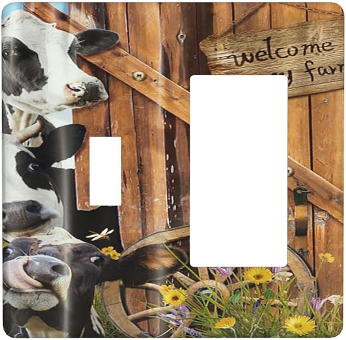 Decorative Switch Plate Covers Farm Cow Farmhouse Barn Door Rustic Vintage Wooden 2 Gang 1 Gang Single Toggle Rocker Device Combination Light Switch Cover Wall Plate Electrical Faceplate