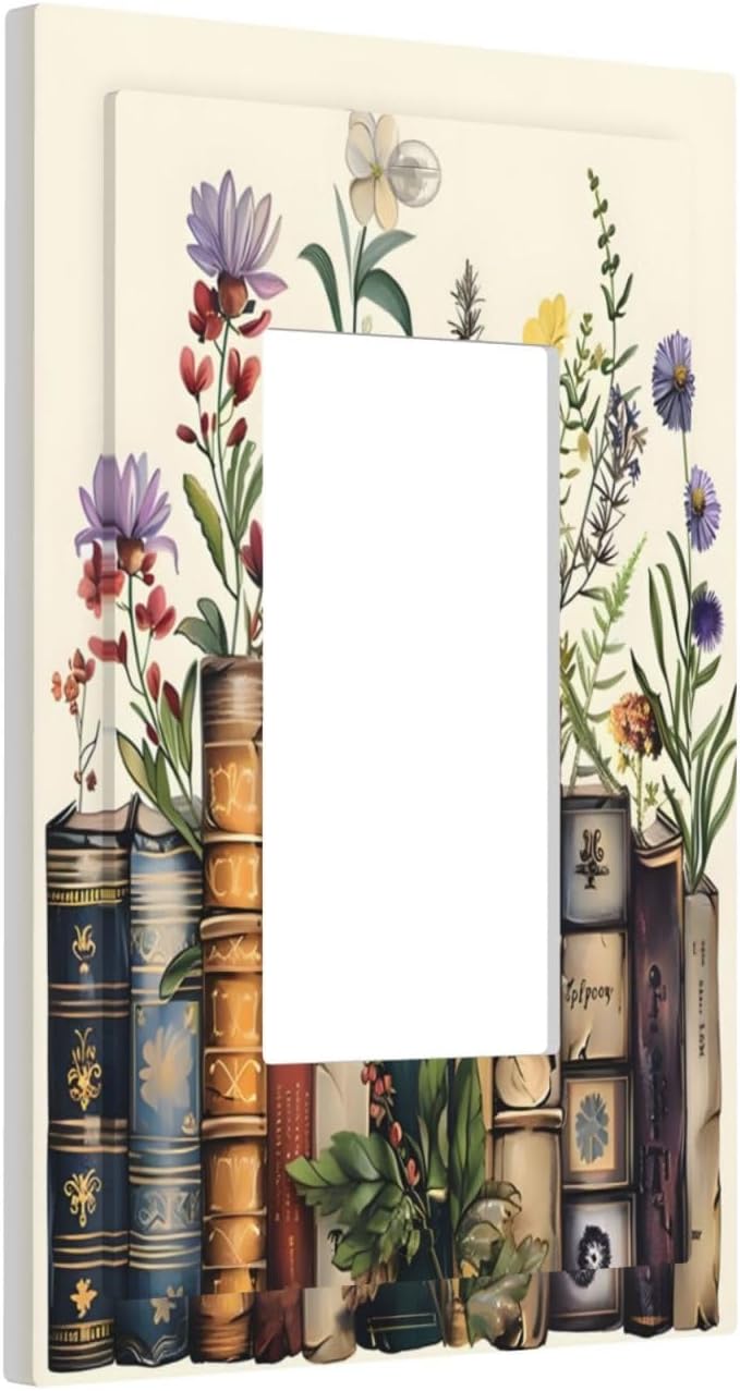 Plant Floral Books Colorful Flower Decorative Outlet Covers 1 Gang Single Rocker Light Switch Cover Plate Wall Plates GFCI Faceplate for Kids Room Bedroom Decor