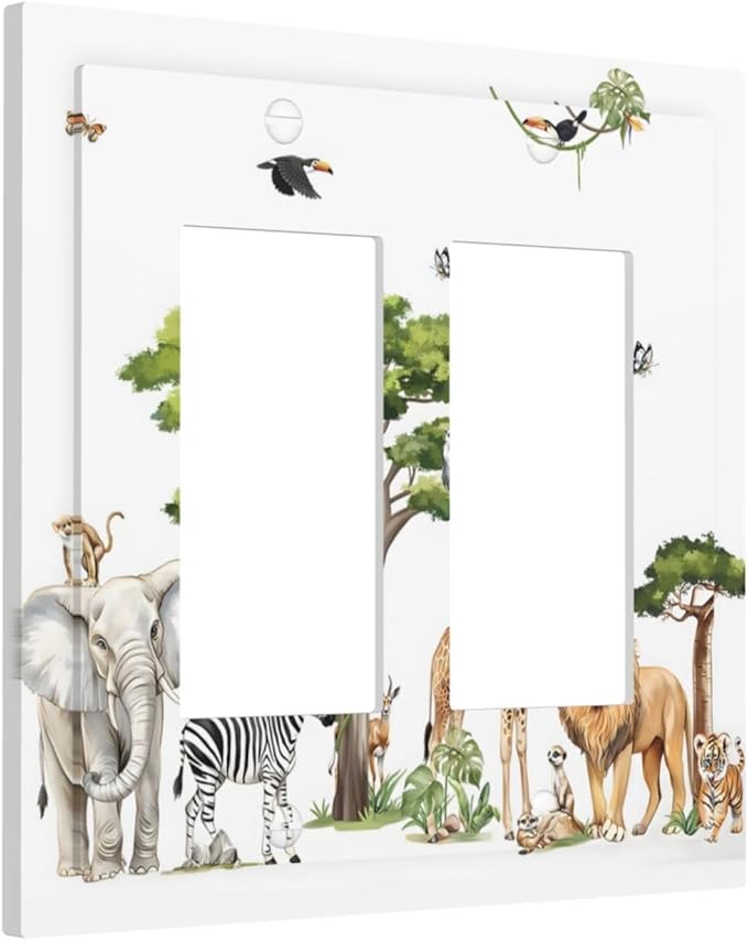 Large Animals Elephant Giraffe Jungle Lion Leopard Zebra Decorative Outlet Covers 2 Gang Double GFCI Rocker Electrical Wall Panels Light Switch Cover Plate for Kids Room Nursery Decor