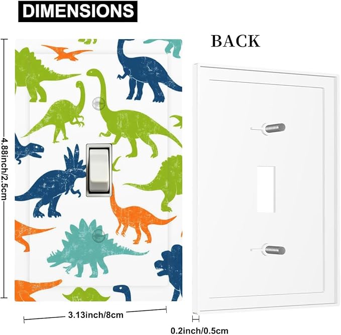 Colorful Dinosaur 1-Gang Toggle Light Switch Plate, Cute Dino Friends Decorative Wall Plate for Teen Boys Bedroom Playroom Decor