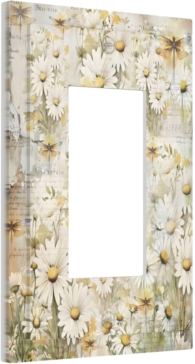 Vintage Letter Paper Wildflowers Dragonfly Daisy Floral Decorative Outlet Covers 1 Gang Single Rocker Light Switch Cover Plate Wall Plates GFCI Faceplate for Farmhouse Bedroom Decor