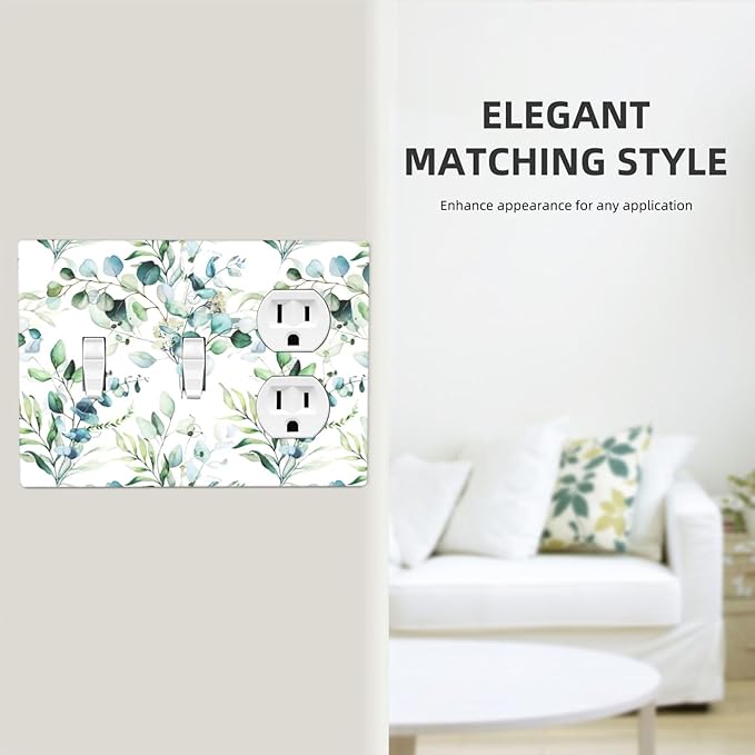Green Olive Sage Eucalyptus Leaves 3-Gang 2-Toggle 1-Duplex Receptacle Combination Light Switch Decorative Triple Combo Device Switches/Rocker Outlet Covers and Wall Plate