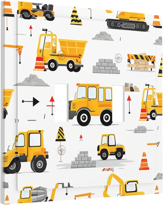 Construction Vehicles & Trucks Pattern Double Toggle Switch Cover - 2-Gang Standard US Size Little Builder's Dream Light Switch Covers for Boy's Bedroom Decor