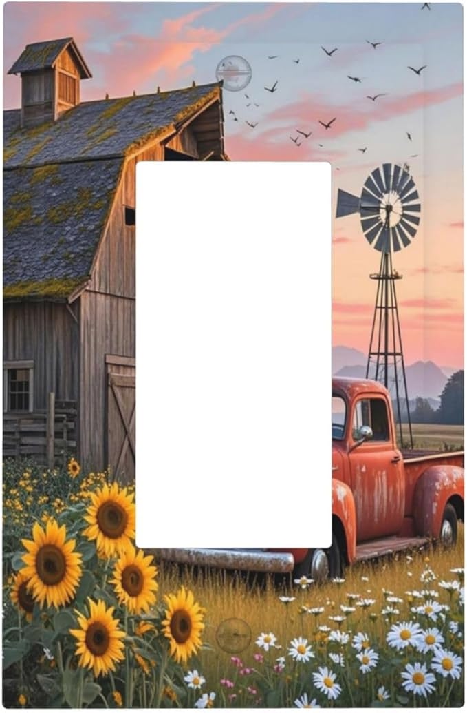 Rustic Barn Red Truck Windmill Sunflower Decorative Outlet Covers 1 Gang Single Rocker Light Switch Cover Plate Wall Plates GFCI Faceplate for Farmhouse Home Decor