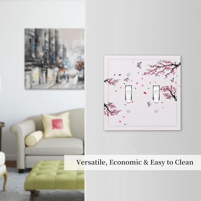 Pink Watercolor Cherry Blossom Flowe Tree Branch Floral Decorative Switch Plates 2 Gang Double Toggle Outlet Light Switch Cover Wall Plate Electrical Faceplate for Bedroom Living Room Decor