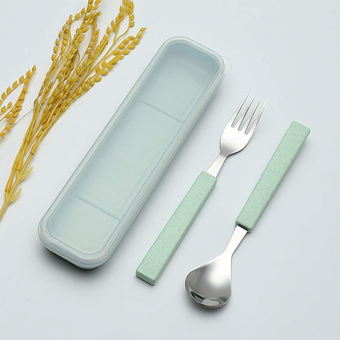 VANRA 2-Piece Children Flatware Set 18/10 Stainless Steel Child Tableware Set Silver Cutlery Set Silverware Dinner Utensils Spoon Fork Set with Travel Case for Kids (Chrome Finished) (Green)
