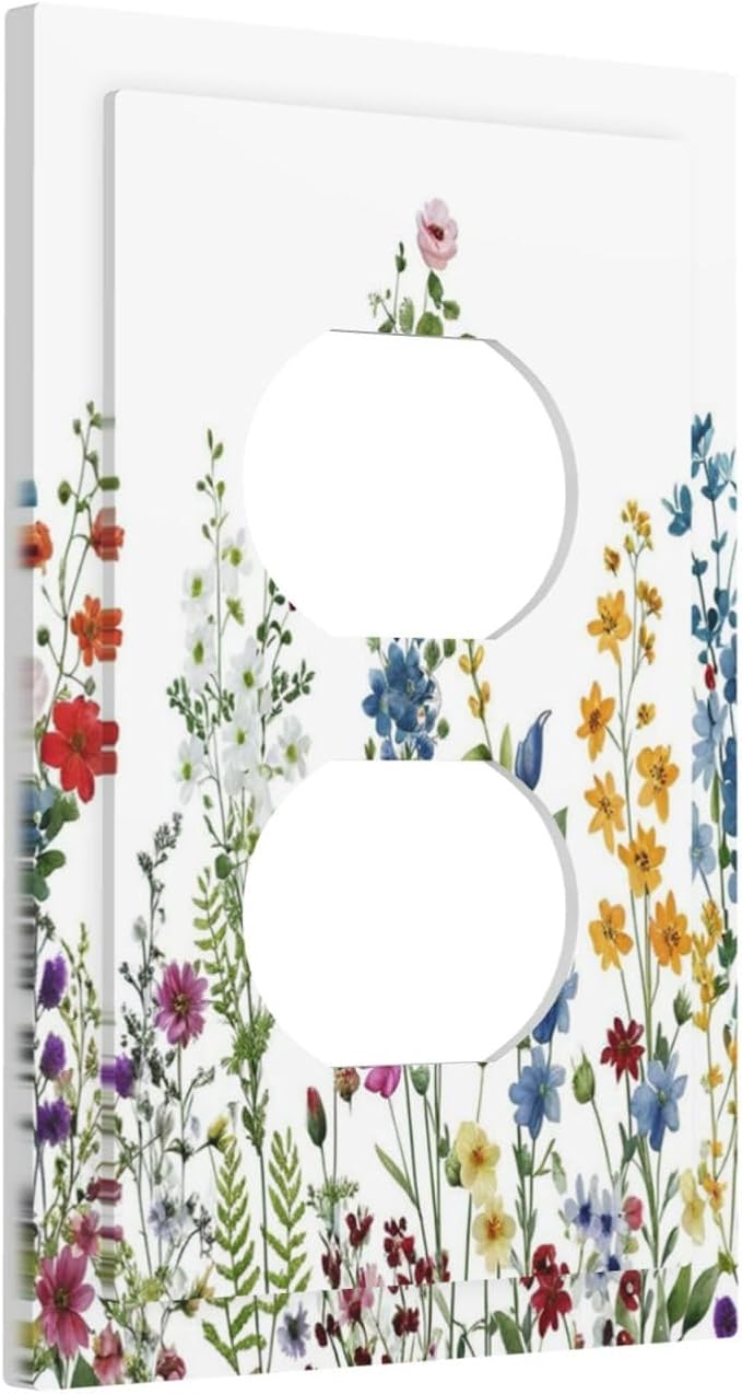 Decorative Outlet Covers Colorful Wildflowers Plants Flowers on White Background 1 Gang Duplex Light Switch Cover Plate Electrical Switch Plate Covers Wallplates Receptacle Covers Home Decor