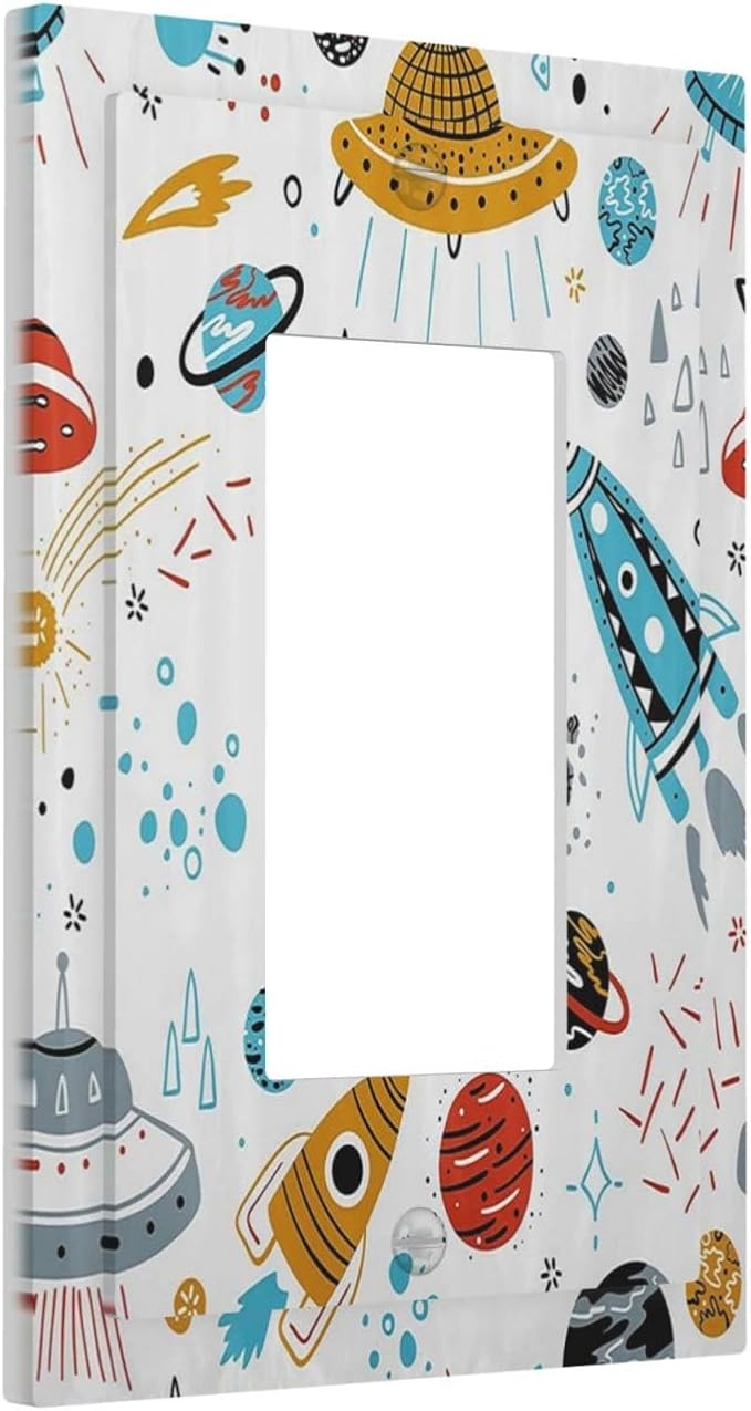 Cartoon Space Rocket Boys Universe Planet 1 Gang Rocker Light Switch Covers Decorative Unique Single Decora Outlet Wall Plate Faceplate Switchplate GFCI for Nursery Kidroom Bedroom Decor