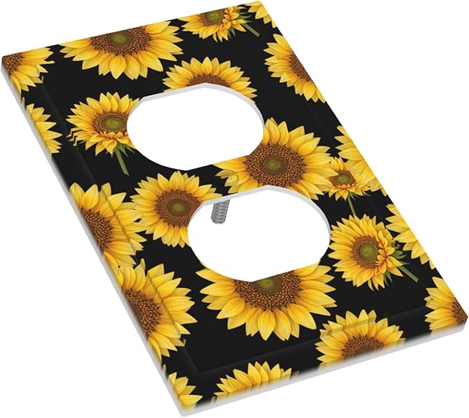 Sunflower Fields Duplex Wall Plate - 1-Gang Standard US Size Vibrant Sunflower on Black Outlet Covers, Boho Sunny Garden for Bedroom Decor