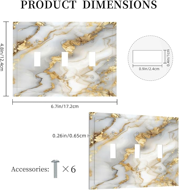 Luxurious White Gold Marble Patterns Abstract Decorative Switch Plates 3 Gang Wall Plate Triple Toggle Light Switch Cover Faceplate Electrical Wall Panels for Bathroom Kitchen Decor