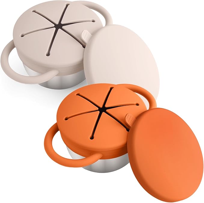 Mity rain Stainless Steel Snack Containers for Toddlers with Spill-Proof Silicone Lids Handles - 3-in-1 Baby Snack Cups, No-Spill Toddler Snack Box (Orange+Beige, Two piece set)