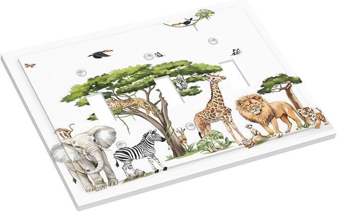 Large Animals Elephant Giraffe Jungle Lion Leopard Zebra Decorative Switch Plates 3 Gang Wall Plate Triple Toggle Light Switch Cover Faceplate Electrical Wall Panels for Kids Room Nursery Decor