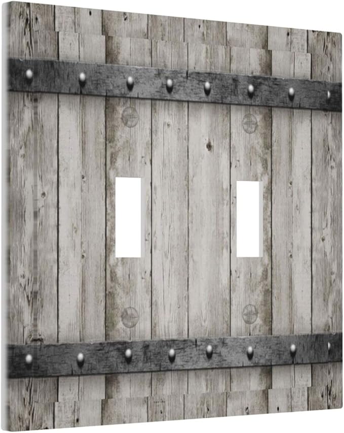 Farmhouse Grey Wood Barn Door Double Toggle Light Switch Cover Decorative 2 Gang Electrical Switchplate Faceplate Rustic Country Gray Wall Plates for Kitchen Bedroom Bathroom Dector (Plastic）