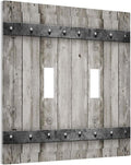 Farmhouse Grey Wood Barn Door Double Toggle Light Switch Cover Decorative 2 Gang Electrical Switchplate Faceplate Rustic Country Gray Wall Plates for Kitchen Bedroom Bathroom Dector (Plastic）