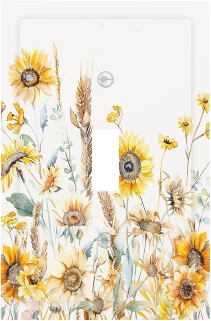 Yellow Floral Sunflowers Wheat Ears Watercolor Wild Flowers Decorative Light Switch Cover 1 Gang Single Toggle Device Electrical Faceplate Switchplates Decorator Outlet Wall Plate for Bedroom Home