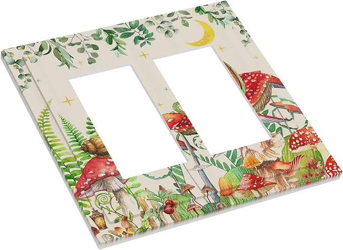 Decorative Outlet Covers Boho Mushrooms Frogs Butterflies Flowers Moon Stars 2 Gang Double GFCI Rocker Electrical Wall Panels Light Switch Cover Plate for Kids room Bedroom Decor